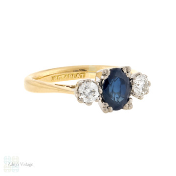 Sapphire & Diamond Engagement Ring, Vintage 18ct 18k Gold & Platinum Three Stone Ring.