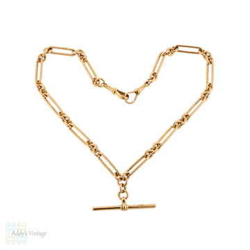 Vintage 9ct Trombone Chain, 9k Rose Gold 1920s Oblong Link Double Albert 15 Inches.