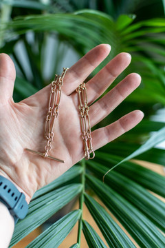 Vintage 9ct Trombone Chain, 9k Rose Gold 1920s Oblong Link Double Albert 15 Inches.