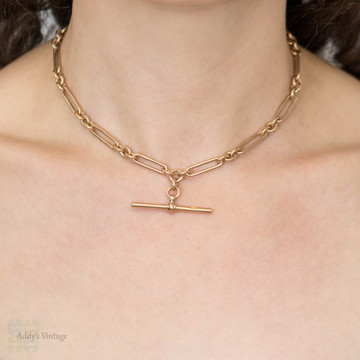 Vintage 9ct Trombone Chain, 9k Rose Gold 1920s Oblong Link Double Albert 15 Inches.