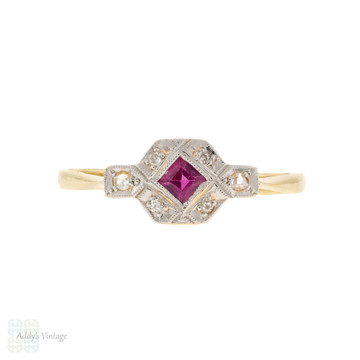 Art Deco Synthetic Ruby & Diamond Engagement Ring, Vintage 18ct & Platinum.