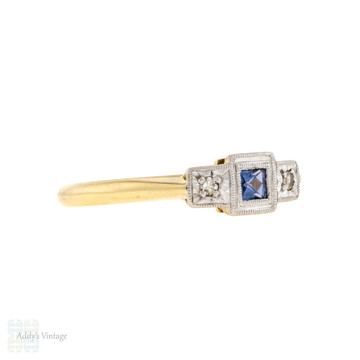 RESERVED French Cut Sapphire & Diamond Three Stone Engagement Ring, Mid Century 18ct Gold & Platinum.