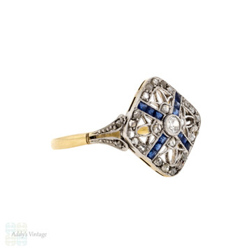 Filigree Sapphire & Old Rose Cut Diamond Panel Ring, Antique 18ct Gold Square Cluster.