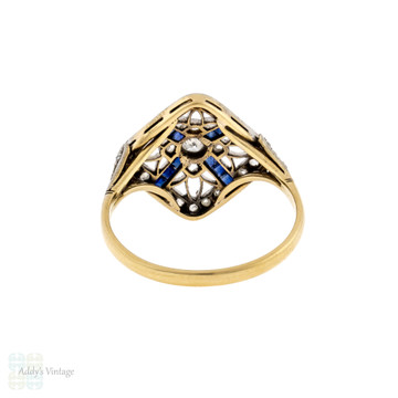 Filigree Sapphire & Old Rose Cut Diamond Panel Ring, Antique 18ct Gold Square Cluster.