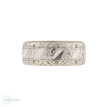 Wide Floral Engraved Platinum Wedding Ring, Ladies Heavy Vintage Mid Century Band Size N / 6.75.