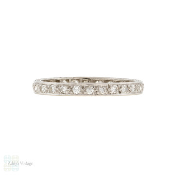 Antique Platinum Full Hoop Diamond Eternity Ring, Slender Engraved Wedding Band Size L.5 / 6.