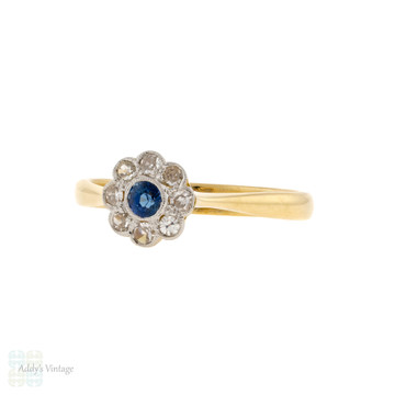 Sapphire & Diamond Art Deco Engagement Ring, Vintage Floral Cluster Design 18ct & PLAT.