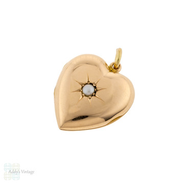 Edwardian Heart Locket, Antique 15ct 15k Gold Pearl Charm Pendant Chester 1900s.