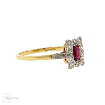 Ruby & Diamond Engagement Ring, Antique Edwardian 18ct Gold & Platinum Cluster Ring.