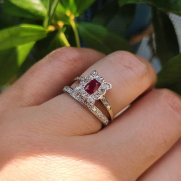 Ruby & Diamond Engagement Ring, Antique Edwardian 18ct Gold & Platinum Cluster Ring.