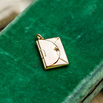 RESERVED Miniature 18ct Envelope Pendant with Garnet Clasp, Antique 18k Gold Love Letter Charm.