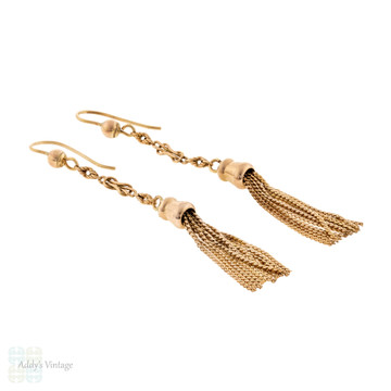 Antique 9ct Rose Gold Tassel Earrings, Long Knot Design Fancy Link Victorian Drops.