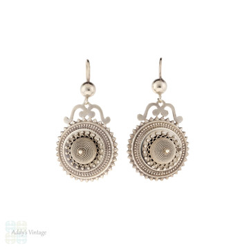 Victorian Sterling Silver Circular Dangle Earrings, Antique 19th Century Tiered Design Drops.