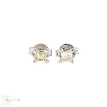 Square Carre Cut Diamond Stud Earrings, 14ct 14k White Gold 0.28 ctw.