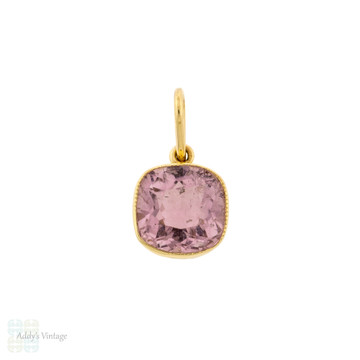 Pink Tourmaline Cushion Cut Pendant, Antique 15ct 15k Yellow Gold Bezel Set Drop.