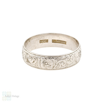 Hand Engraved Wide Platinum Wedding Band, Vintage Floral Pattern Ring Size N.5 / 7.