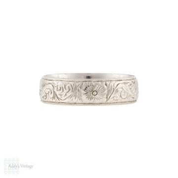 Hand Engraved Wide Platinum Wedding Band, Vintage Floral Pattern Ring Size N.5 / 7.