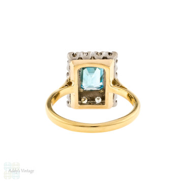 Vintage Blue Zircon & Diamond Halo Engagement Ring, Step Cut Gem 18ct & Platinum.