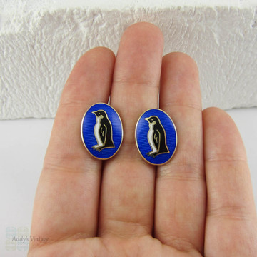 Men's Blue Enamel Penguin Cuff Links, Sterling Silver with Gold Gilt by Deacon & Francis.
