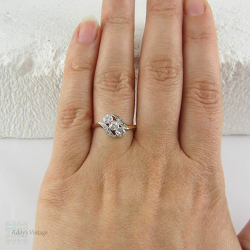 Art Nouveau Twist Shaped Diamond Engagement Ring, Old European & Rose Cut Diamonds in Bypass Style Design.