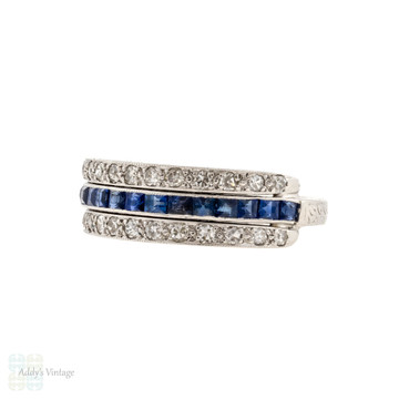 Sapphire & Diamond Platinum Ring, Art Deco Triple Row Engraved Half Hoop Band Size K.5 / 5.5.