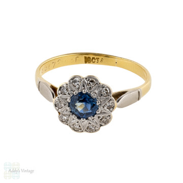 Floral Sapphire & Diamond Engagement Ring, Art Deco 18ct & Platinum Vintage Ring.