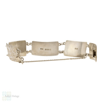 Vintage 1940s Sterling Silver Bracelet, Butterfly Flowers & Acorn Panel Bracelet.