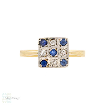 Art Deco Sapphire & Diamond Chequerboard Ring, 18ct 18k & Plat.