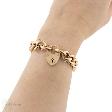 Antique 9ct Rose Gold Curb Bracelet with Heart Padlock Clasp, 21g