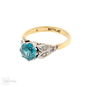 Vintage Blue Zircon & White Sapphire Ring with Leaf Setting, 18ct Platinum.