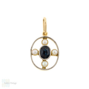 Antique Sapphire & Pearl 15ct Gold & Platinum Pendant, Converted Necklace.