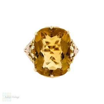 RESERVED, Citrine Cushion Cut Vintage Ring, Thistle Engraved 9ct 9k Yellow, Rose, Green Gold Ring.