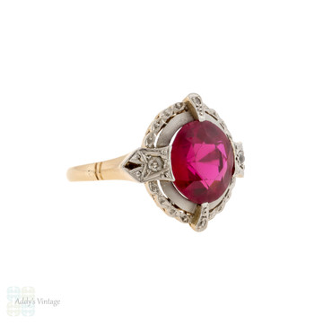 Vintage Lab Created Ruby Ring with Filigree Diamond Halo 18ct 18k Gold.