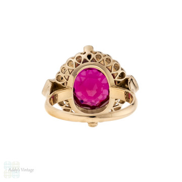 Vintage Lab Created Ruby Ring with Filigree Diamond Halo 18ct 18k Gold.