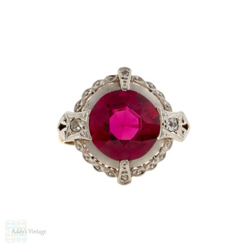 Vintage Lab Created Ruby Ring with Filigree Diamond Halo 18ct 18k Gold.