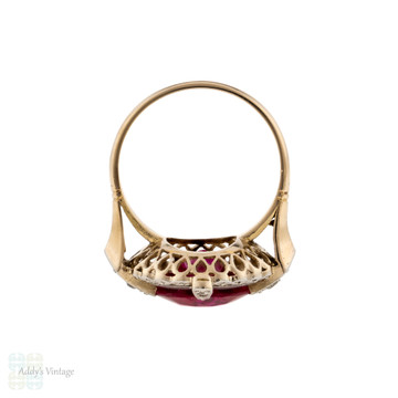 Vintage Lab Created Ruby Ring with Filigree Diamond Halo 18ct 18k Gold.