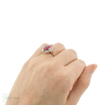 Vintage Lab Created Ruby Ring with Filigree Diamond Halo 18ct 18k Gold.