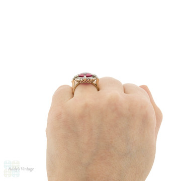 Vintage Lab Created Ruby Ring with Filigree Diamond Halo 18ct 18k Gold.