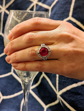 Vintage Lab Created Ruby Ring with Filigree Diamond Halo 18ct 18k Gold.