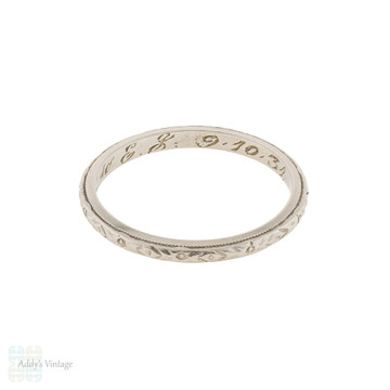 Vintage 1930s Engraved Platinum Wedding Ring, Floral Pattern Band Size H / 4.