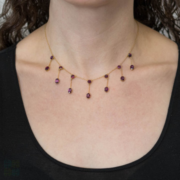 Antique 9ct Gold Garnet Fringe Necklace, Edwardian Almandine Garnet Chain.