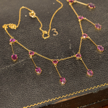 Antique 9ct Gold Garnet Fringe Necklace, Edwardian Almandine Garnet Chain.