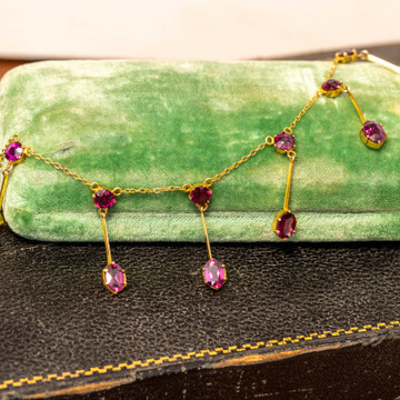 Antique 9ct Gold Garnet Fringe Necklace, Edwardian Almandine Garnet Chain.