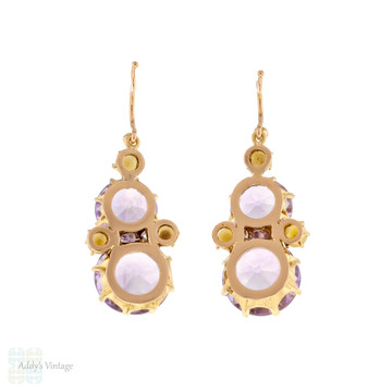 Amethyst & Pearl 18ct Rose Gold Drop Earrings, Large Antique Dangles.