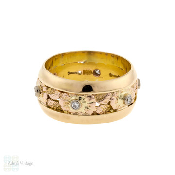 Retro Diamond 14k Rose & Yellow Gold Floral Eternity Ring, Wide Wedding Band Size M / 6.25.