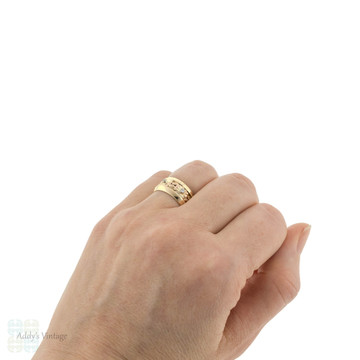 Retro Diamond 14k Rose & Yellow Gold Floral Eternity Ring, Wide Wedding Band Size M / 6.25.