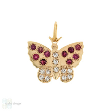 Diamond & Ruby 14k Gold Butterfly Pendant, Vintage Mid Century Necklace.