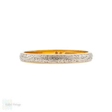 Engraved 22ct & Platinum Wedding Band, Vintage 1950s Floral Design Ring Size M / 6.25.