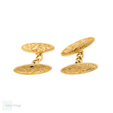 Victorian Floral Engraved 9ct Gold Cuff Links, Chester 1890s on Original Card.