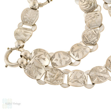 Victorian Aesthetic Movement Sterling Silver Book Chain, Nature Bird & Flower Theme.
